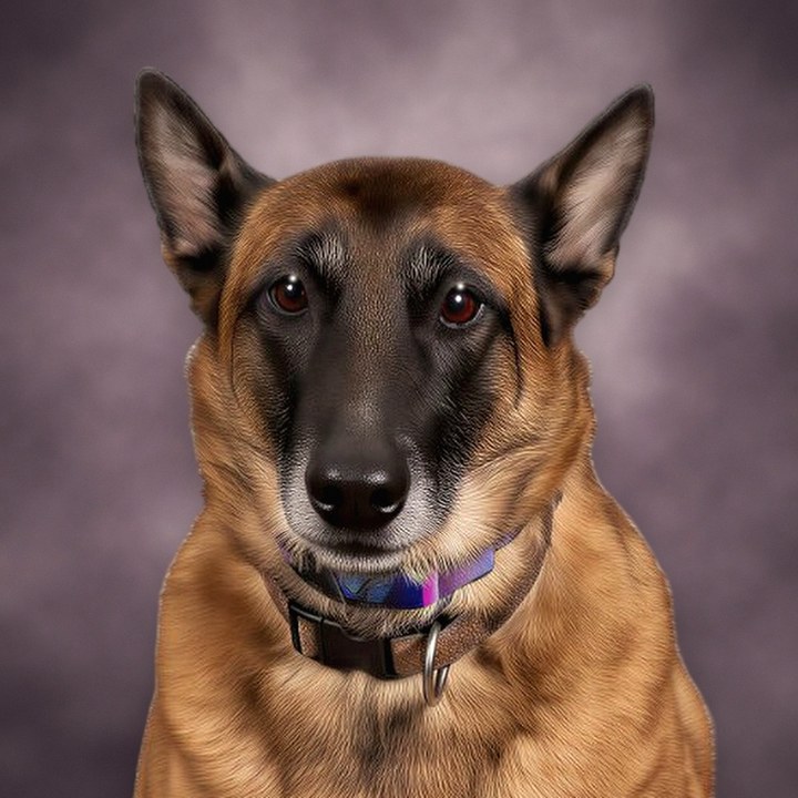 Remi, a fawn shepherd with a black mask and collar