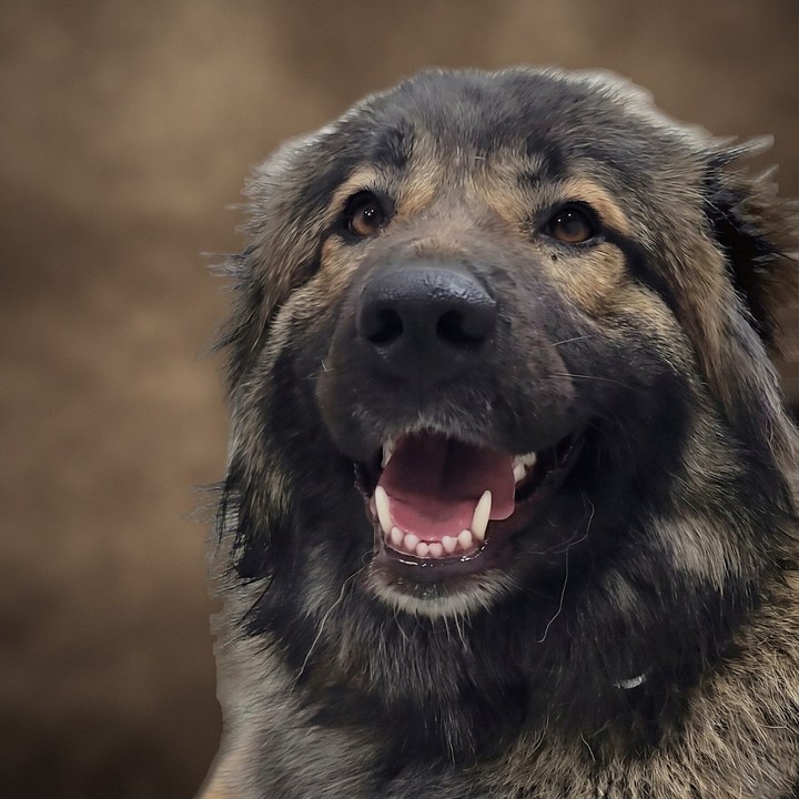 Reign, a long-haired sable dog, smiling